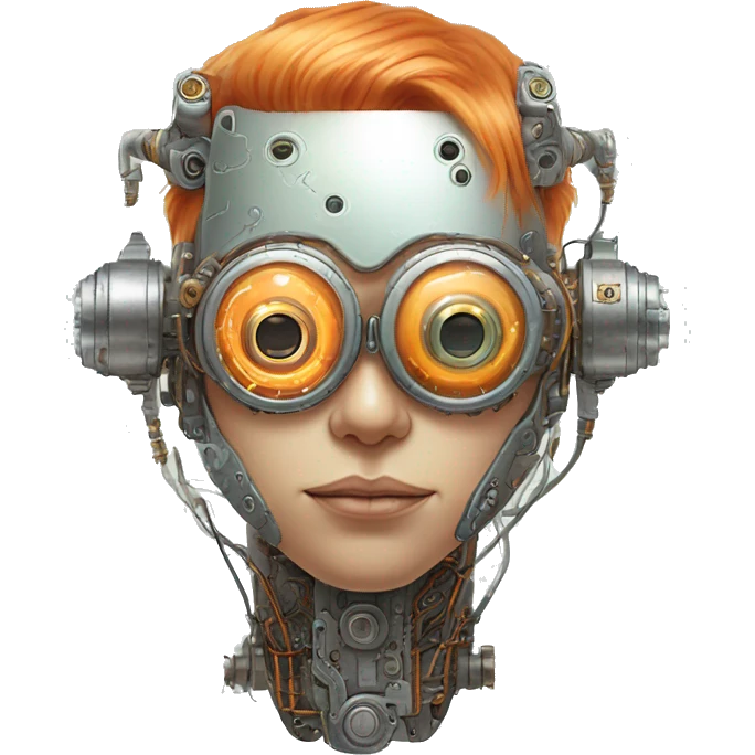 Pastel orange haired cyborg head with silver steampunk goggles and circuits emoji