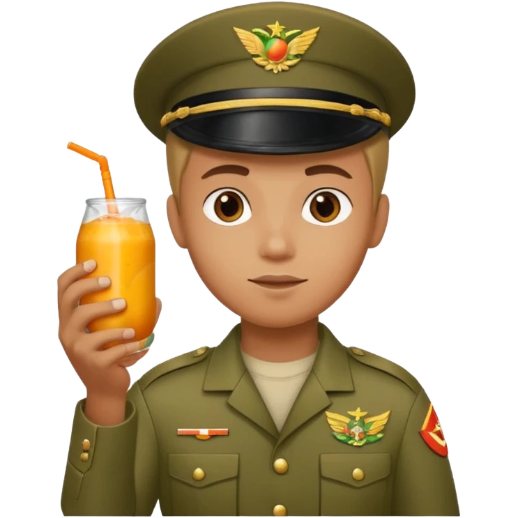 A military boy with a mango fanta in his hands emoji