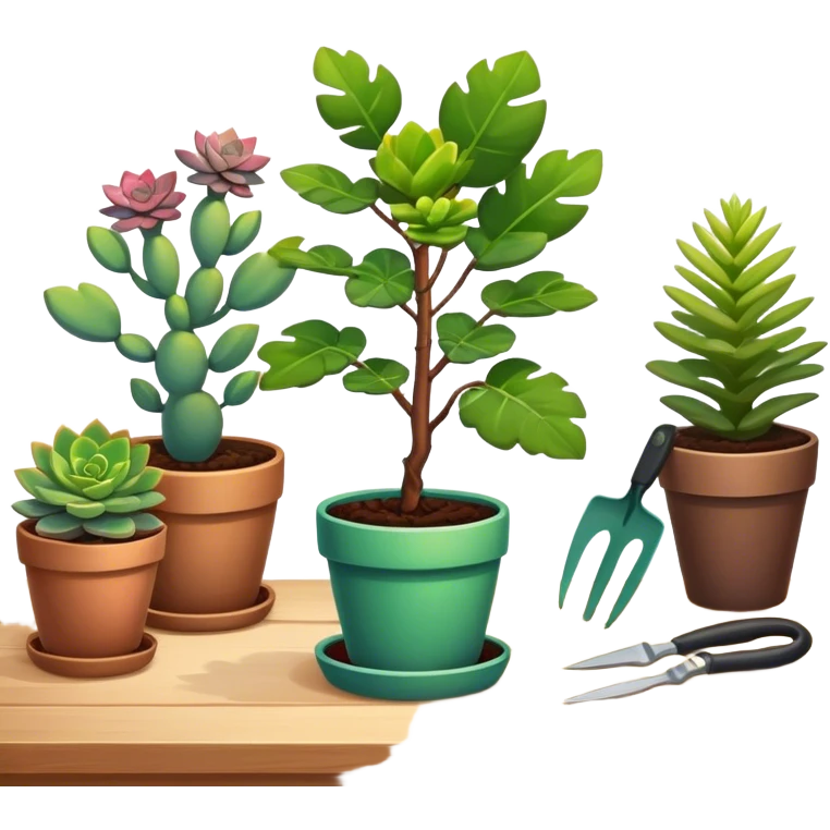 Close-up of a potted sapling with vibrant flowering plants around it, in rich soil. Sunlight filters through the window, casting soft shadows. Cozy indoor garden with blooming flowers, succulents, and gardening tools placed neatly on a wooden table. emoji