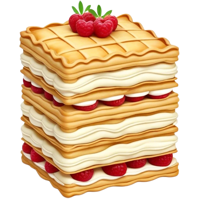 Mille-feuille Cinematic Realistic Mille-Feuille Dessert Emoji, depicted as a delicate pastry composed of two crisp layers of puff pastry with a rich cream filling, rendered with intricate textures and elegant, soft lighting. emoji