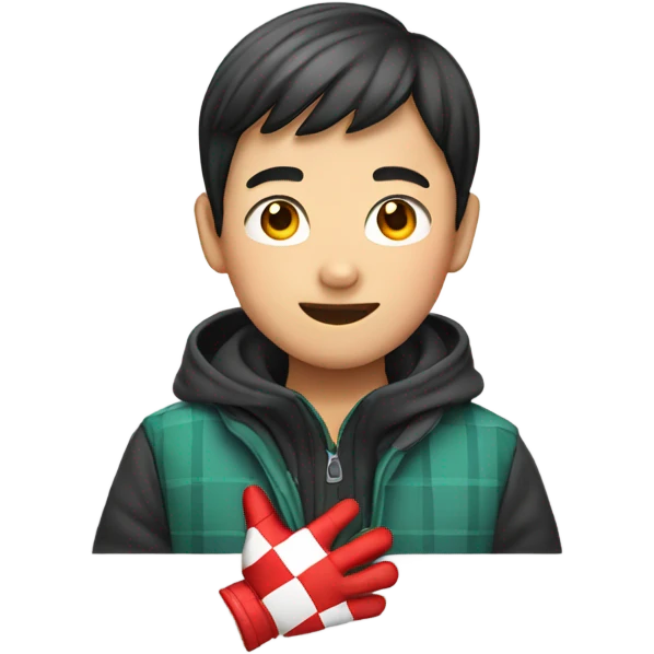 Asian boy wearing red checkered gloves on hands emoji