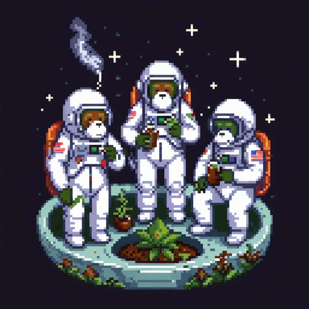 multiple apes in space suits floating and smoking weed emoji
