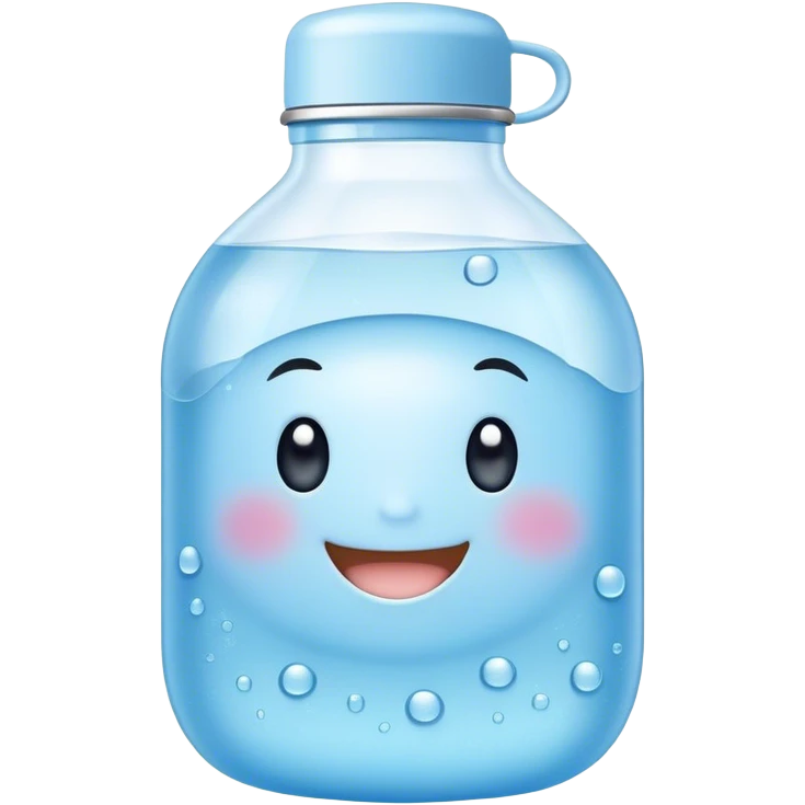 Cute Kawaii Water Bottle, round and bubbly, soft blue with tiny water droplets around, a happy smiling face, gentle glowing highlights, fresh and refreshing vibes! emoji