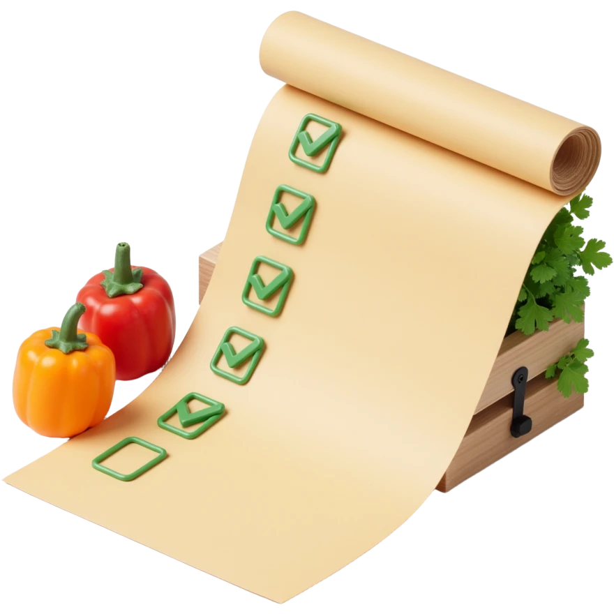 floating rolled paper list with green checkboxes and around vegetables emoji