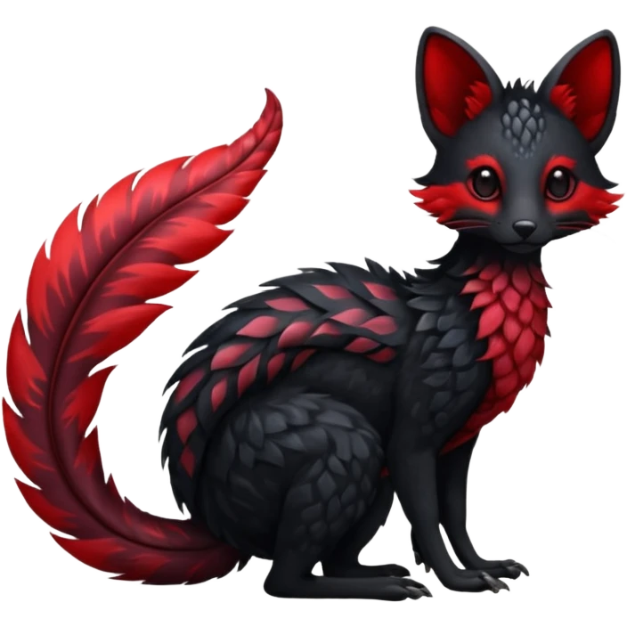 Feral Rare Fantasy shiny soft fuzzy furry vibrant tropical obsidian-black and crimson-red Vernid-Trico-species-creature by LiLaiRa, random markings, tufted tail, tufted ears, full body emoji