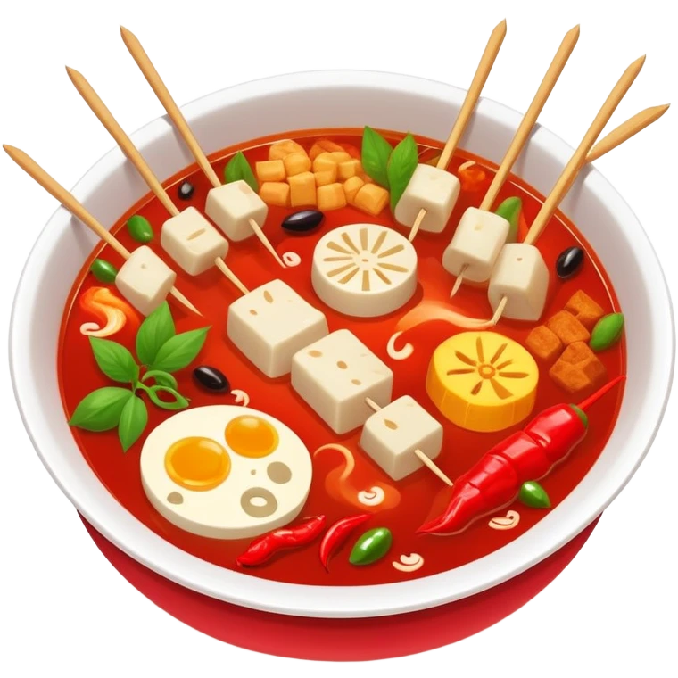 Spicy Hot Pot Skewers Malatang with various ingredients in red broth, simplified emoji style with bold outlines and bright colors, cartoon style Chinese street food bowl emoji