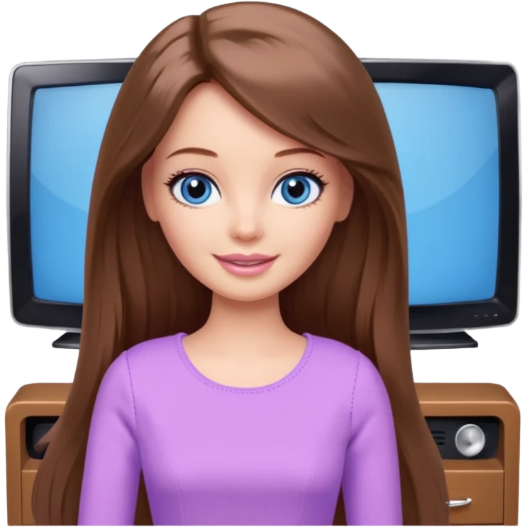 beautiful barbie girl with long brown hair, blue eyes and wearing light purple clothes watching tv emoji