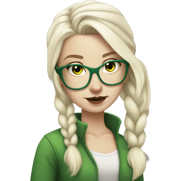 Pale white girl, platinum blonde hair in a pony tail, evil, green glasses emoji