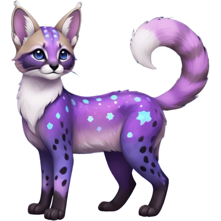 Colorful black-violet-indigo-purple-gradients nebulae nebula starry galactical shiny white-stars-spotted glorious iridescent divine exotic cute cool beautiful realistic caracal-civet-sergal-vernid-Cacomistle-Trico-oncilla-animal-Fakémon-hybrid-fursona (full body) emoji