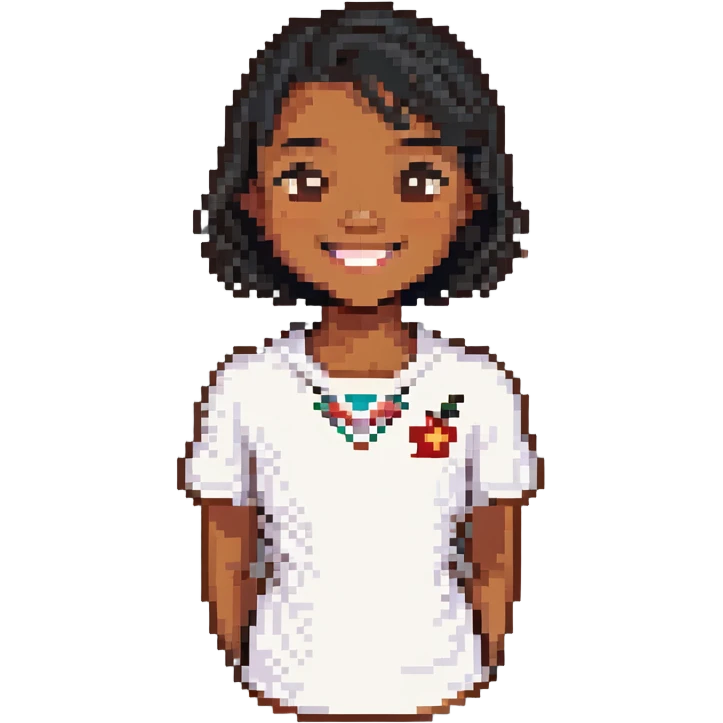 brown Samoan skinny girl with slight Chinese features, black short hair just below the shoulders, smiling without showing teeth, pixel art style emoji