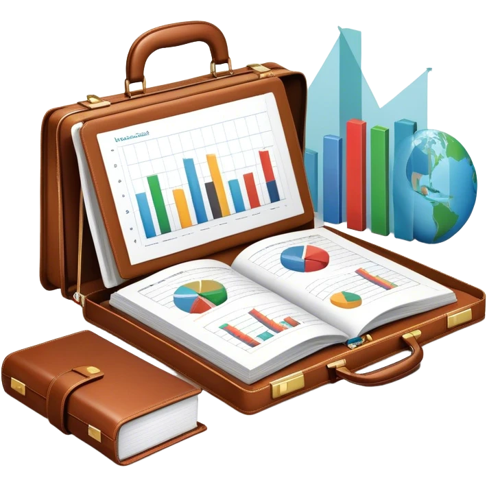 Icon for Business Reading: an open book with a graph and financial charts, a briefcase, a calculator, and a laptop nearby. The icon should represent the world of business, finance, and professional growth. Transparent background. emoji