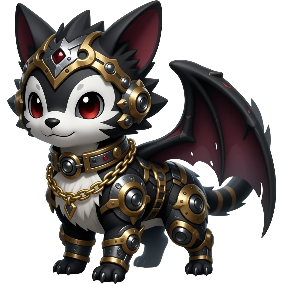 Epic majestic complex divine glorious futuristic detailed dark dusky gloomy deep gothic sanguine-blood-maroon-black-white, realistic Fakémon-Sprigatito-Floragato-Meowscarada-Trico-Sergal-Serval-Vernid-creature (full body) with metal gears and metal collar with gold chains emoji