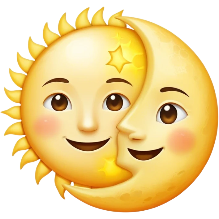 a really bright  big sun and a small moon who shines because of it. the sun is bigger and the tiny \moon bright too beside it smiling looking at each other emoji