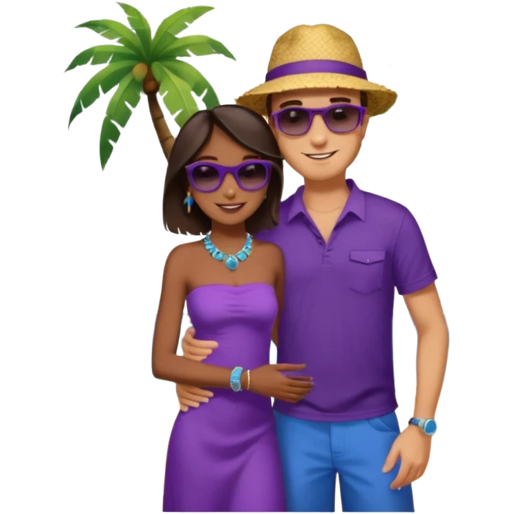 Tan tall brunette European male in blue shirt smiling and hugging a jet black African girl in purple strapless dress and blue jewelry they are on a beach with palm trees emoji