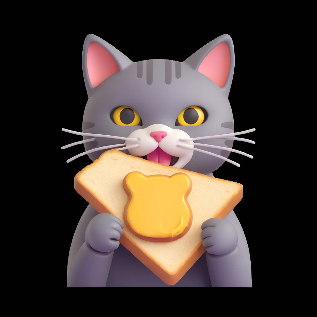 a cat with a slice of toast around its face, playful expression, simple background emoji
