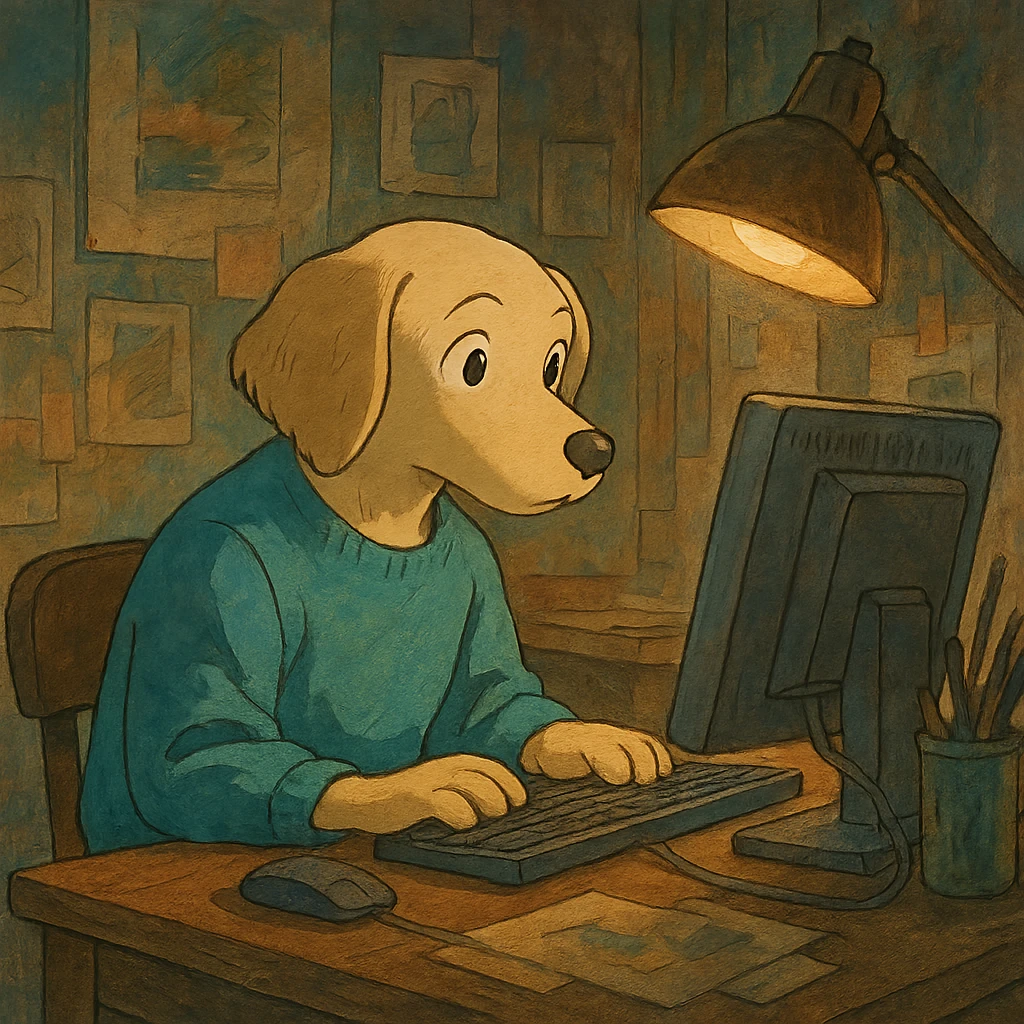 ghibli style light dog graphic designer, focused at a computer, artistic atmosphere emoji