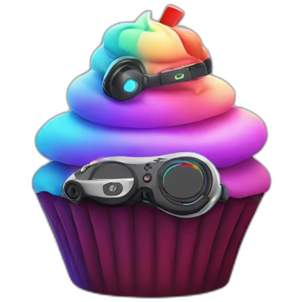 an rgb cupcake with a gaming headset on the top of it emoji