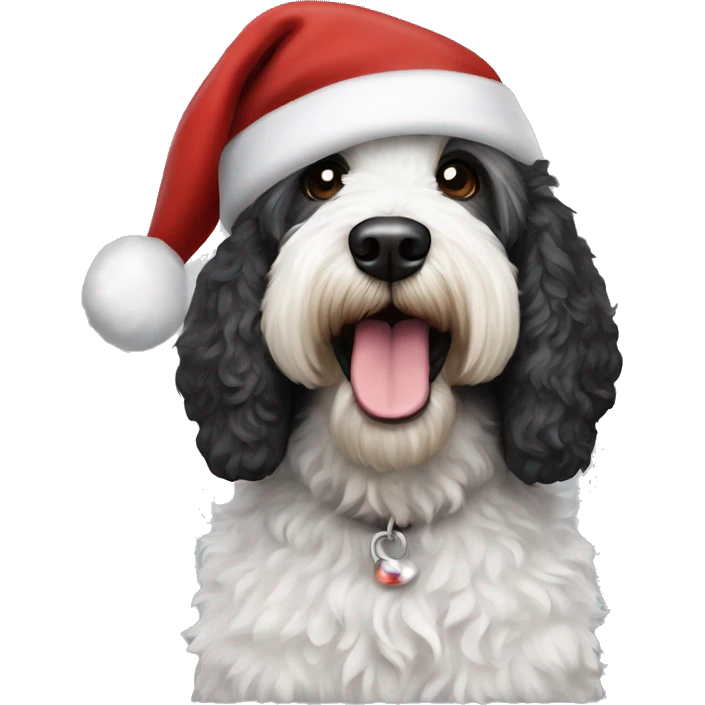 Black and white labradoodle with Santa hat emoji