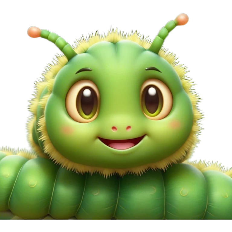 Cinematic Cute Caterpillar Portrait Emoji, Head tilted playfully and inquisitively, featuring a small, fuzzy body with rounded, plump segments, soft, endearing eyes and a charmingly wiggly movement, Simplified yet irresistibly adorable features, highly detailed, glowing with a warm, inviting green glow, high shine, affectionate and lively, stylized with a touch of whimsical woodland charm, soft glowing outline, capturing the essence of a mischievous caterpillar that seems as if it could crawl out of the screen into your arms! emoji