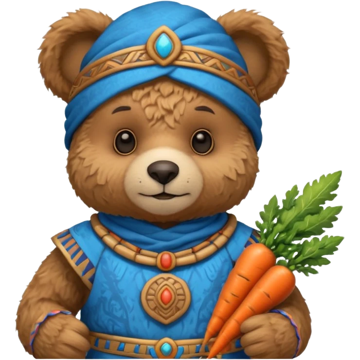 teddy bear Upper, wearing blue mayan ancient custome, with carrot half body emoji