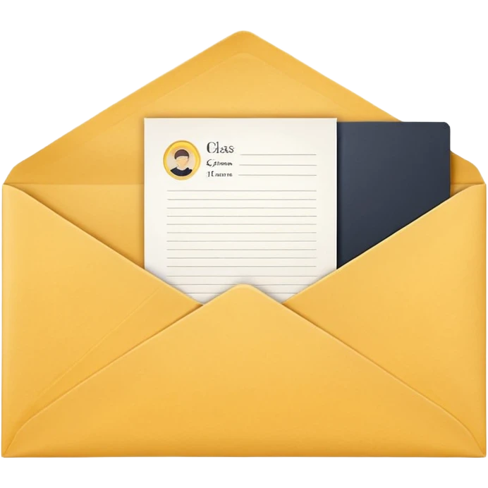 A simple emoji-style icon of a yellow manila envelope with subtle paper texture, clean edges, and a small graduation 2017 group-photo icon on the front, representing class memories and archived academic records. emoji