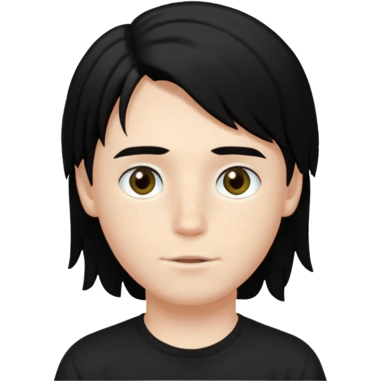 A beautiful boy with black hair and hazel green and brown eyes and white skin , with dark freckles and black t shirt with HAIRCUT: middle part hair hair with a center part haircut long  emoji