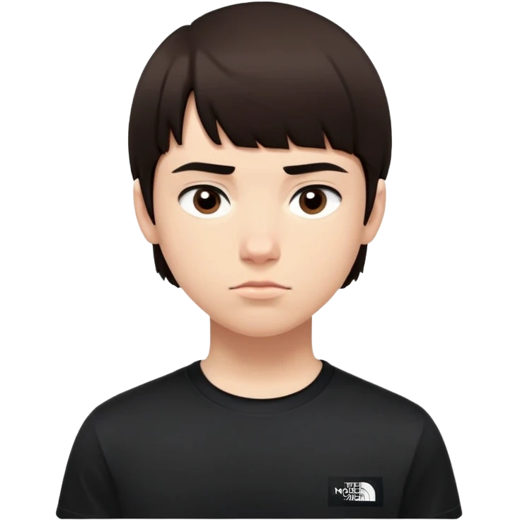 escrição para o emoji:

Rosto de um jovem com pele clara e cabelo castanho escuro, curto e bem penteado, com franja leve e lados limpos.

Expressão facial neutra/séria, com olhos ligeiramente abertos e lábios fechados, sem sorrir.

Sobrancelhas grossas e retas, bem definidas.

Está usando uma camiseta preta da The North Face, com o logotipo visível (pode simplificar ou omitir no emoji).

O emoji deve ser no estilo cartoon, com o rosto em destaque e sem fundo.

A pose é frontal, olhando direto para a "câmera", ideal para um emoji com expressão mais calma ou neutra. emoji