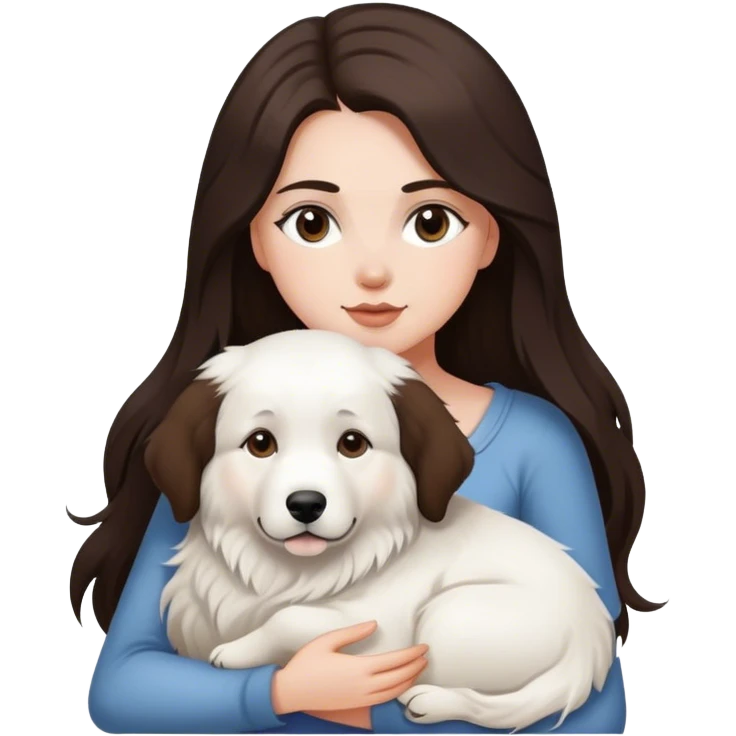 white girl with dark brown long hair holding Great Pyrenees  emoji