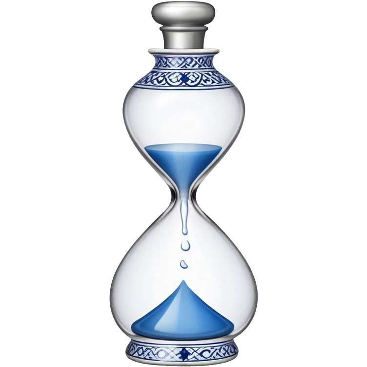 blue and white, intricate, porcelain, hourglass shaped tequila bottle with silver half circle top emoji