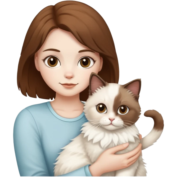 short brown haired white girl holding white fluffy cat and brown fluffy cat ragdoll emoji