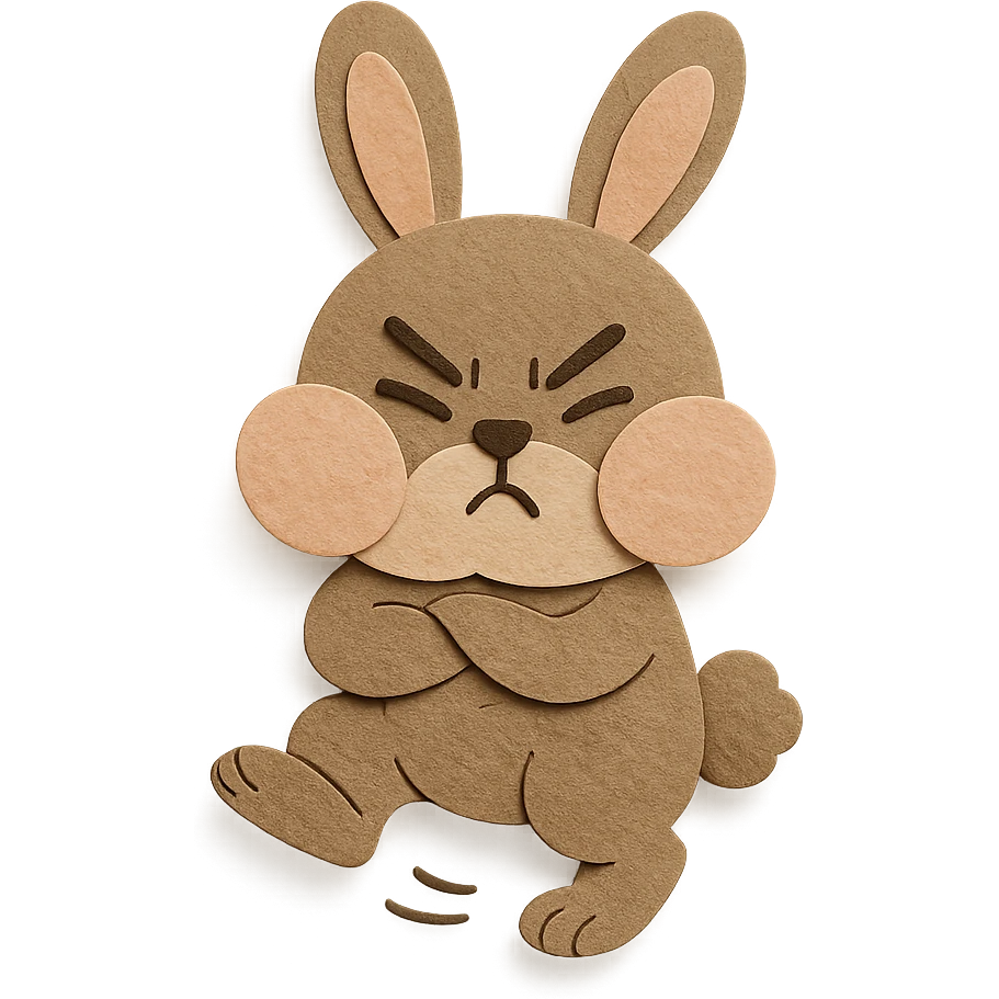 highly detailed, high quality paper craft style illustration of a mocha-colored bunny puffing its cheeks and stamping its foot, intricate textures, soft lighting, delicate cut-paper details emoji