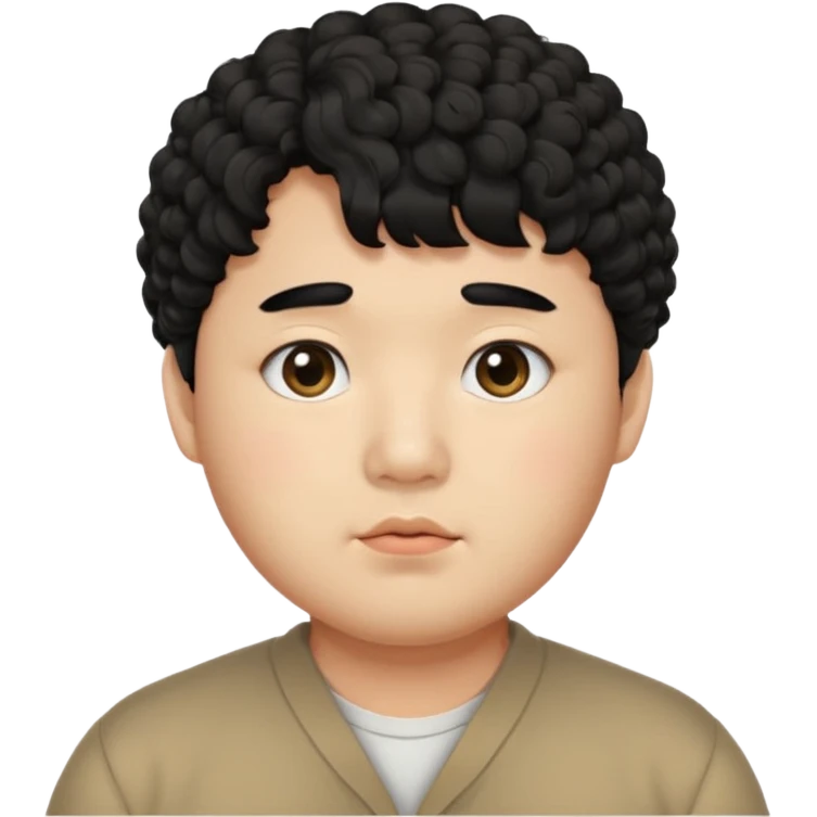 a Korean man in 20s with a curly hair and bangs, chubby cheeks, big monolid eyes , dark eyebrow, emoji