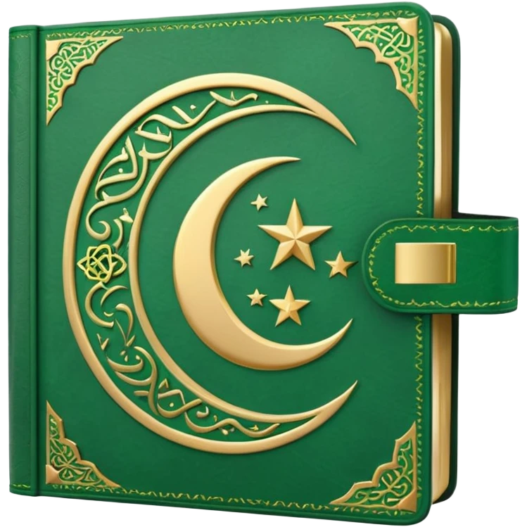 Closed Quran with the Islamic Symbol on it (moon and star) green from left to right emoji