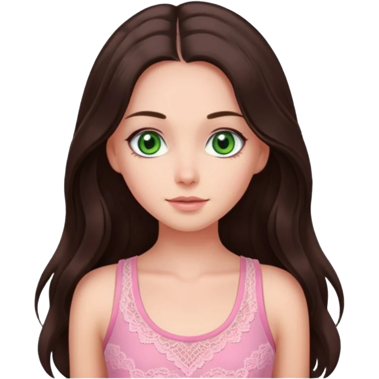 super long haired brunette with middle part cute pink lacy tank white but tan green eyes hairflup emoji