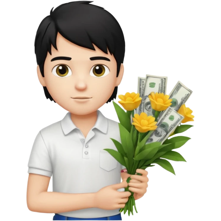 generate a pretty fair bratz boy with a messy mullet (black hair), wearing a white polo.  carrying a bouquet made of money emoji