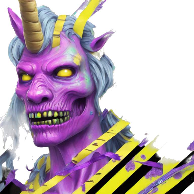 .Zombie_ Vaporwave black holographic oilslick zombie unicorn yellow caution tape emoji