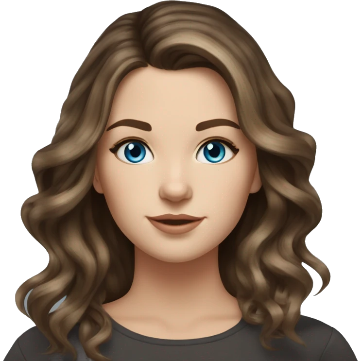 White girl blue eyes with medium length voluminous brown hair with brown highlights balayage  emoji