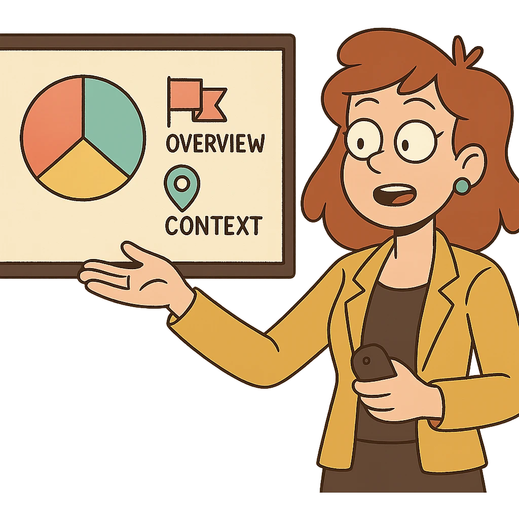 slide with pie chart, flag, and map pin for overview, goals, and context emoji