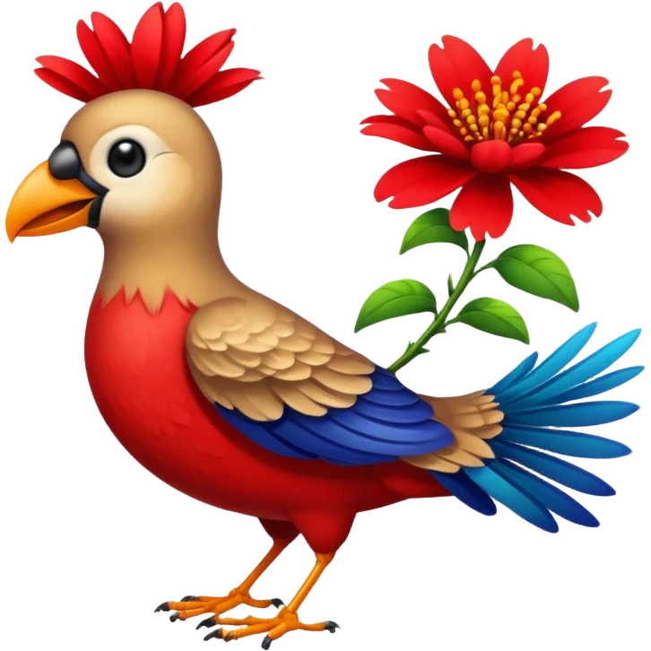 A bird carrying a red flower emoji