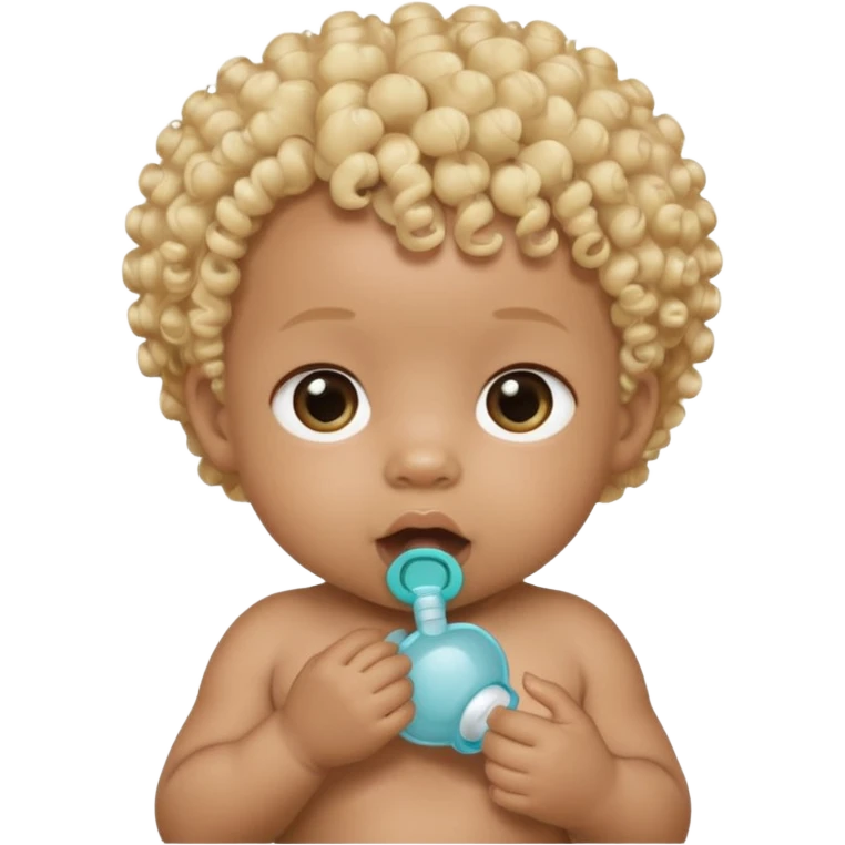 Black newborn baby, short tuft of curly blonde hair, pacifier in mouth emoji