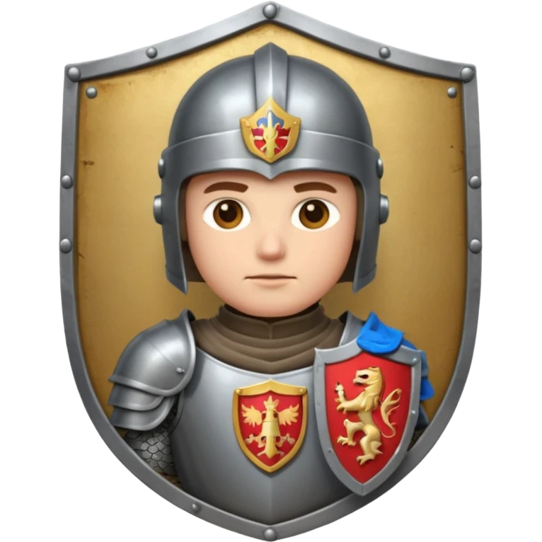An emoji portrait of a medieval knight. He wears a suit of armor with a stylized helmet. His expression is serious and determined, and he holds a shield with a family crest. emoji