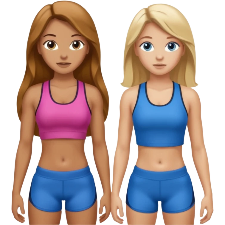 two girls in gym wear one with brown long hair one with blonde long hair and blue eyes emoji