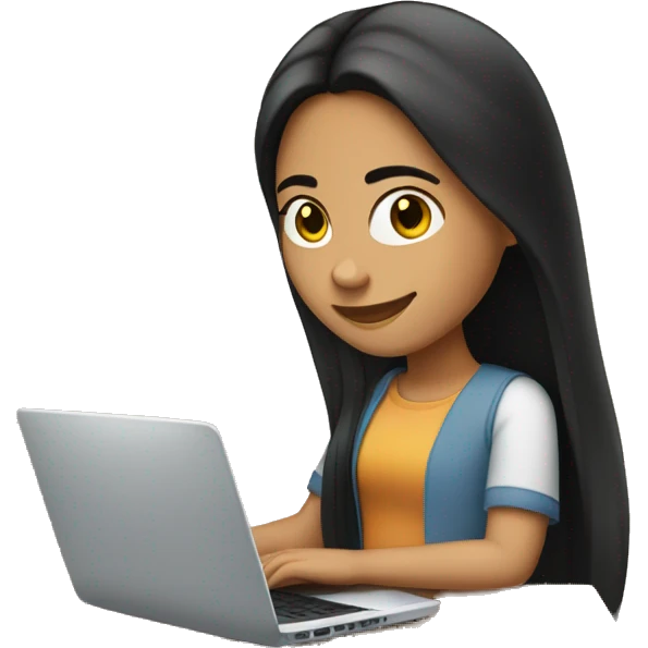 a hispanic girl with long black straight hair, tan skin, with her laptop, affiliative smile emoji