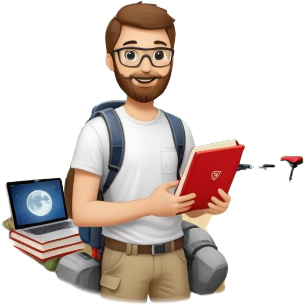 smiling young man with glasses, beard, white t-shirt, holding a red book, surrounded by hobby icons: mountain bike, laptop with code, hiking boot, climbing wall, bed with moon-and-stars, tree emoji
