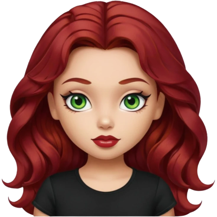 a pretty fair bratz girl with wavy dark red hair, wearing a black tee. eyeliner on, green eyes emoji