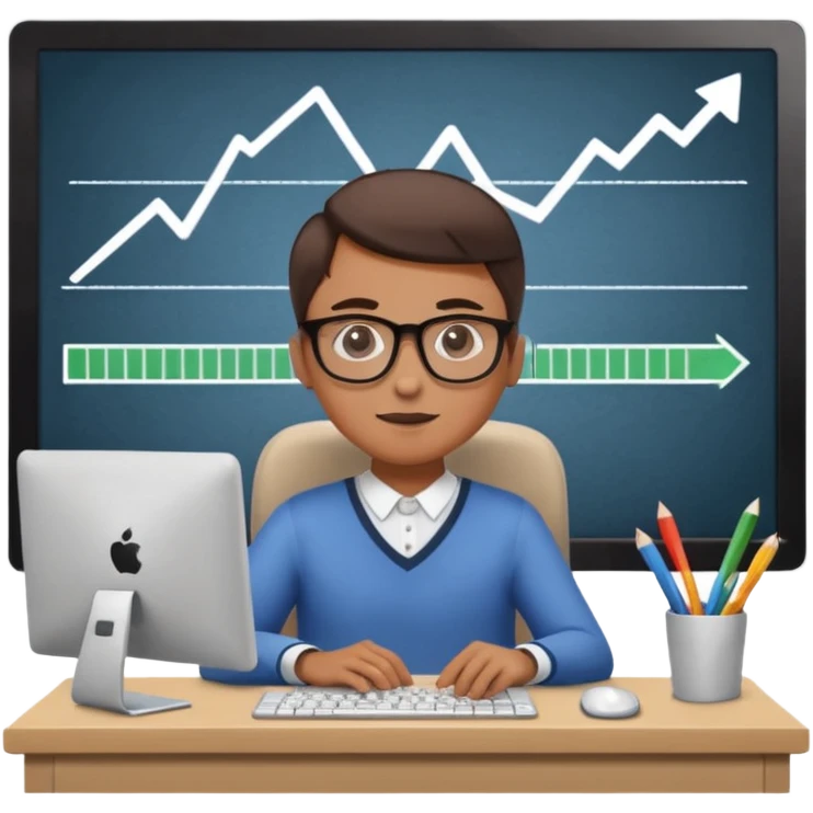 A person sitting at a desk working on a computer with upward arrows and percentage signs, suggesting digital sales, marketing, or outreach. emoji
