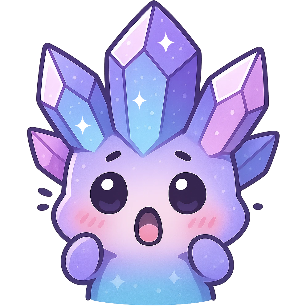 kawaii style emote of a crystal sprite creature, purple, blue, and pink, surprised expression emoji