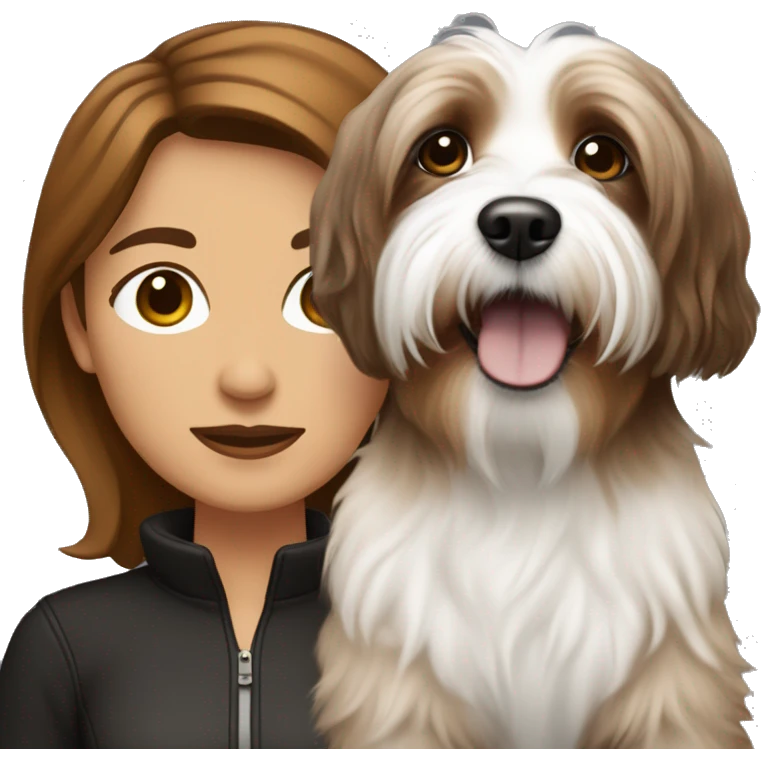 caramel skinned middle aged woman with brown hair, with black and white havanese dog emoji