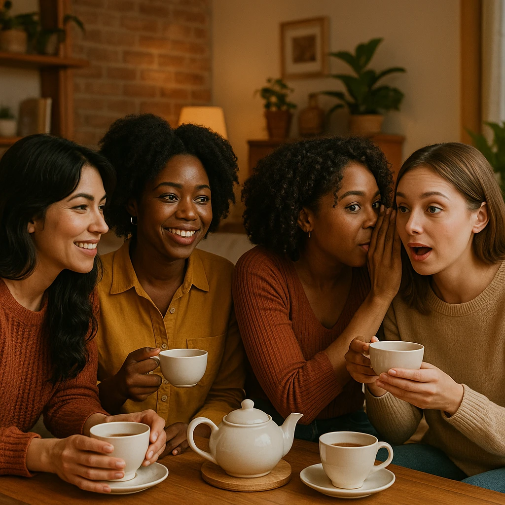 four girlfriends gossiping over tea, one with black hair, two Black girls, one light-skinned girl, cozy and friendly atmosphere, warm and inviting setting emoji