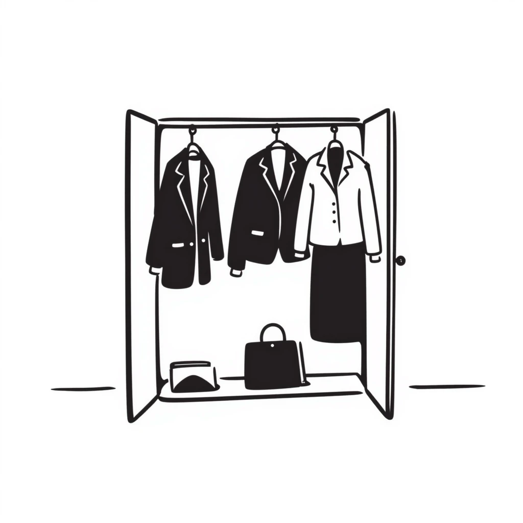 Hand-drawn minimalist wardrobe, slightly open revealing neatly arranged business attire emoji